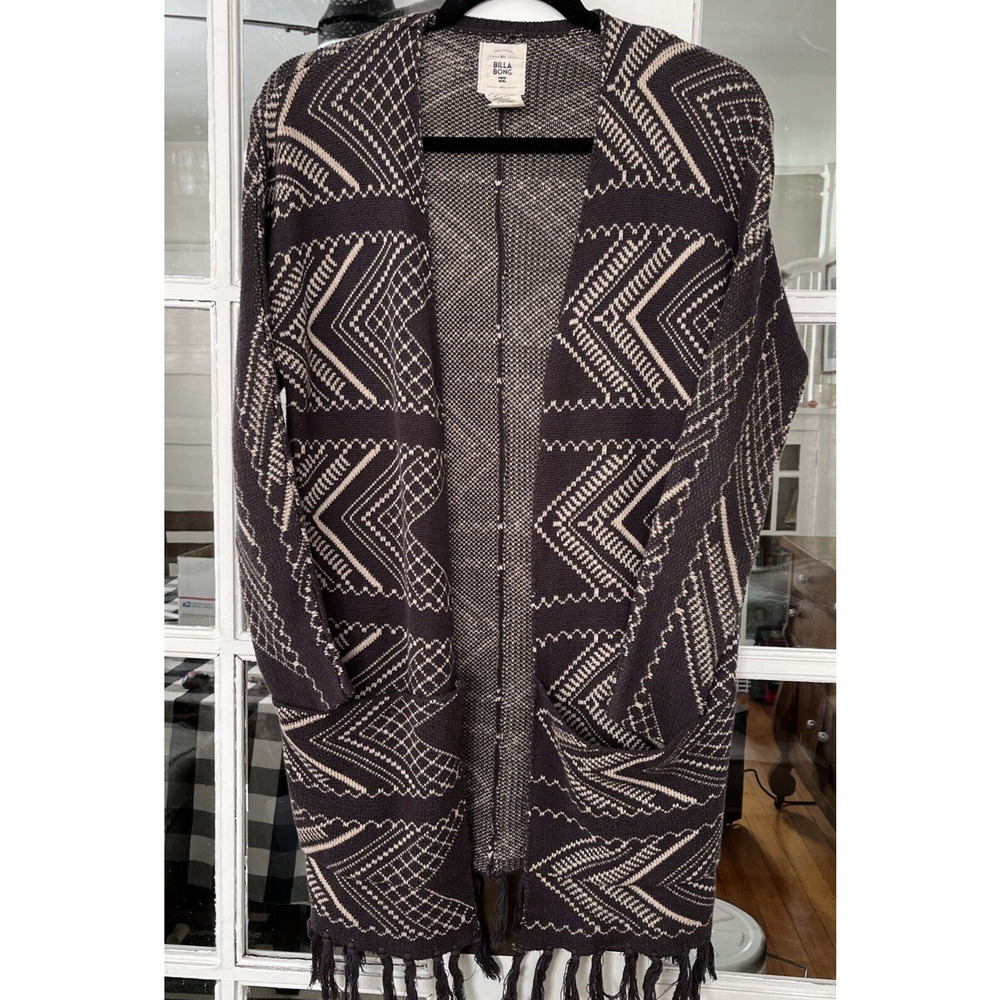 BillaBong Open Cardigan Sweater Gray Fringe Southwestern Size S/P